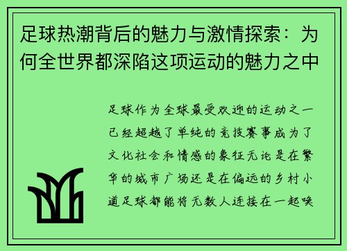 足球热潮背后的魅力与激情探索：为何全世界都深陷这项运动的魅力之中