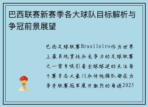 巴西联赛新赛季各大球队目标解析与争冠前景展望