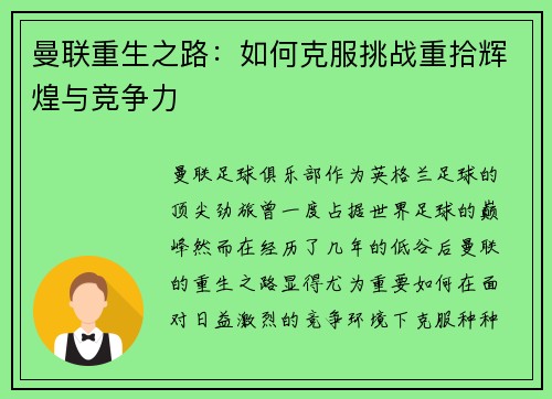曼联重生之路：如何克服挑战重拾辉煌与竞争力